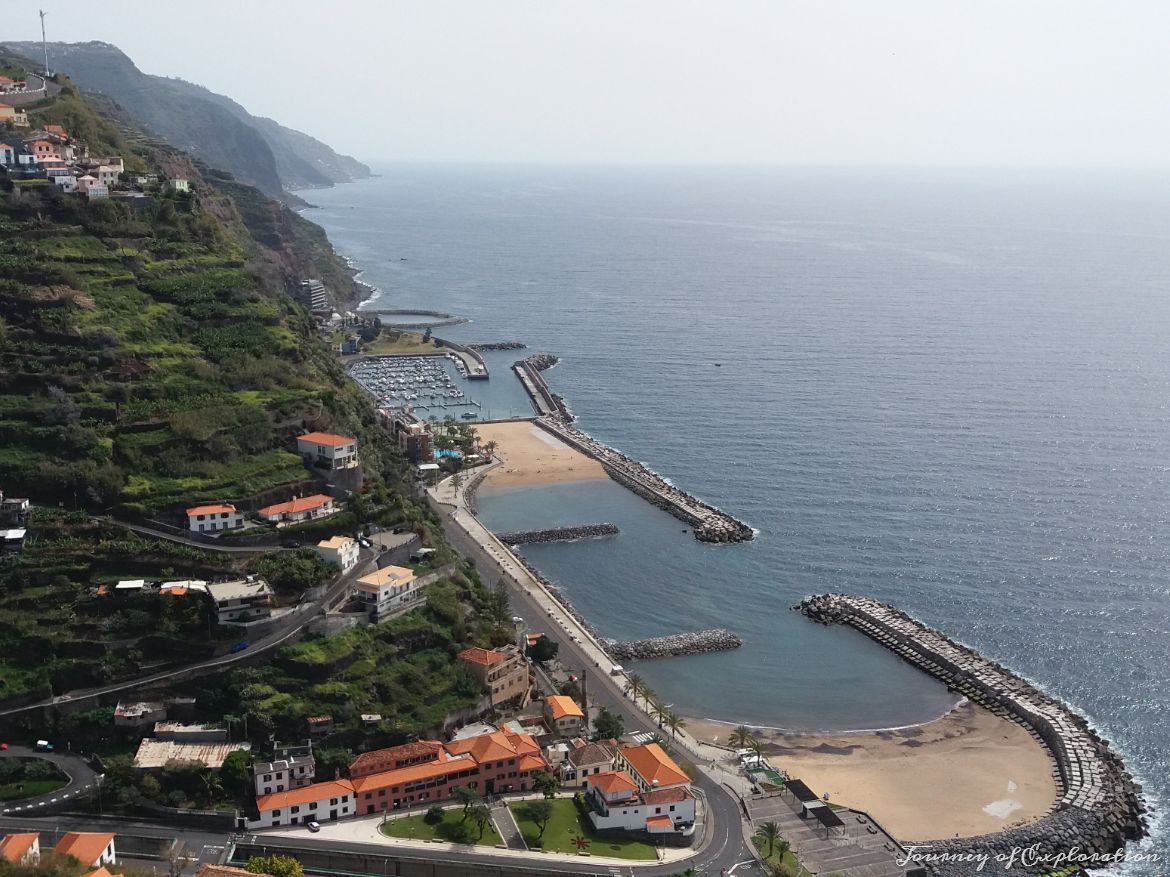 View of the twin beaches at Praia de Calheta, Madeira