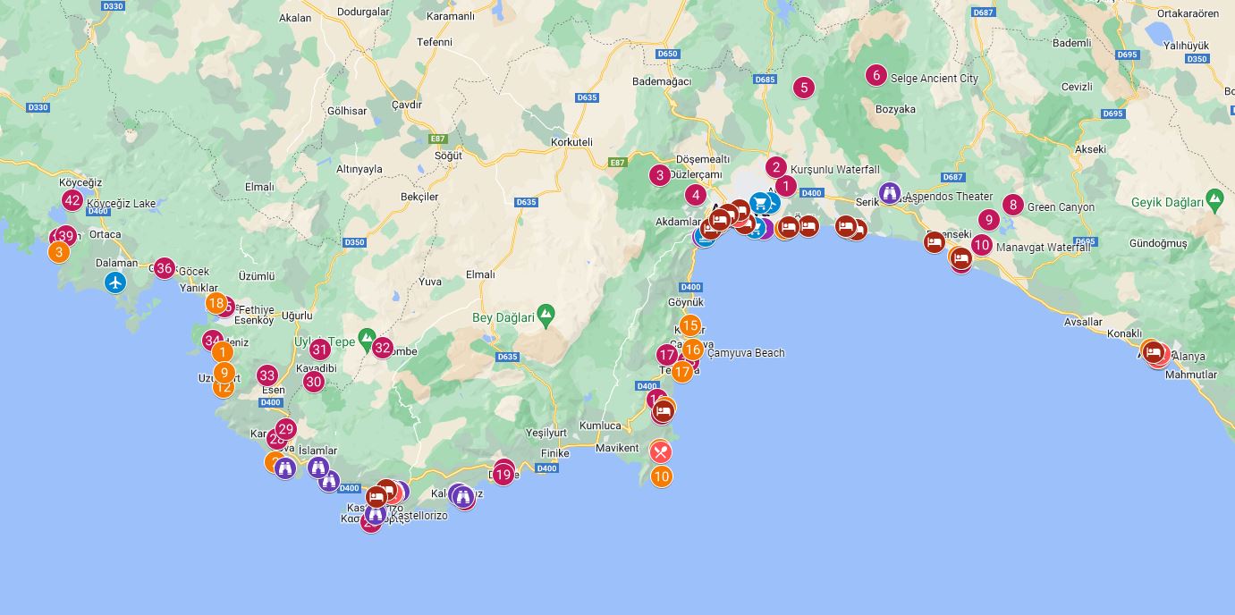 Antalya & Med Coast of Turkey Tourist Map